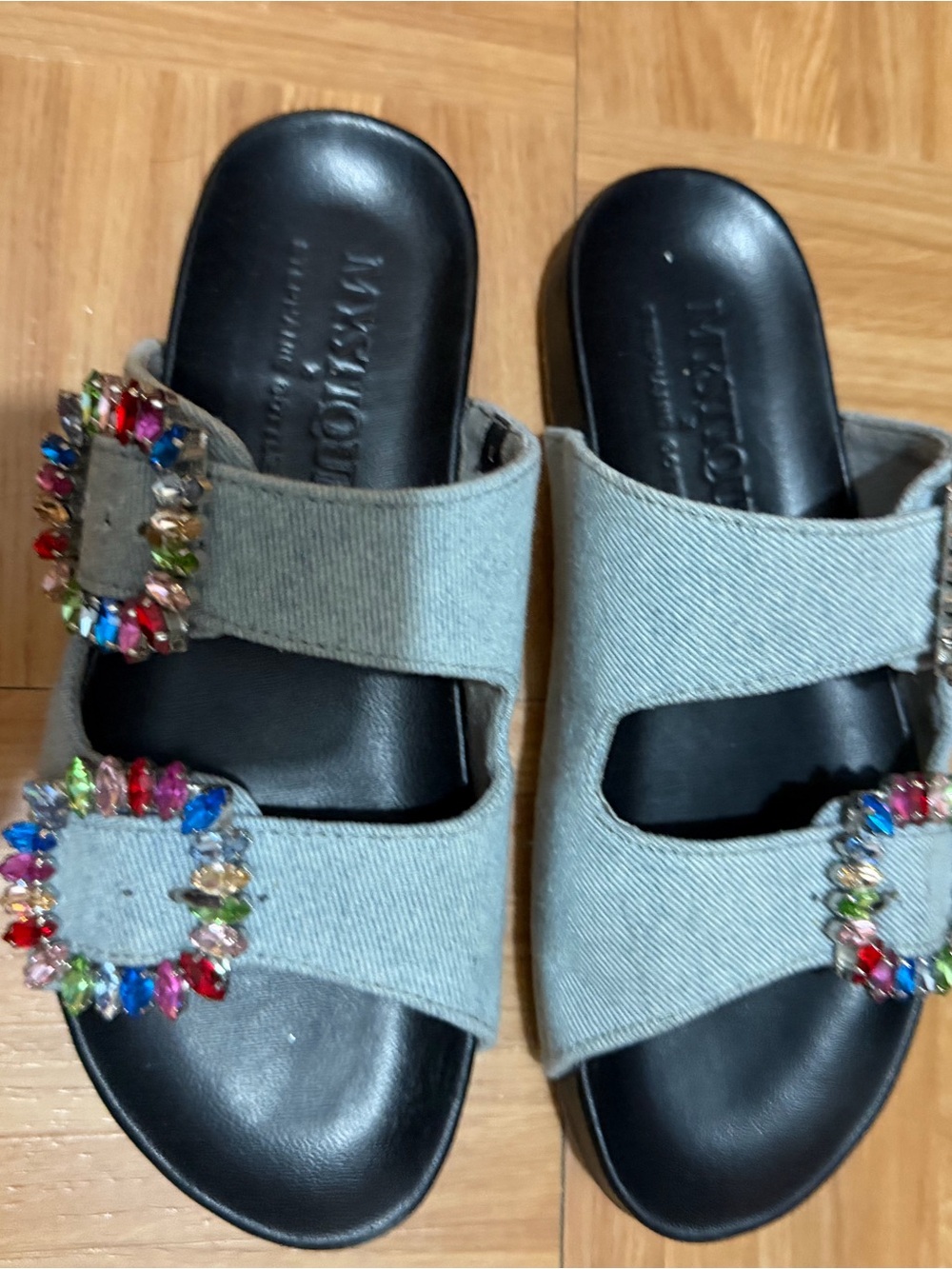 Mystique Boutique Light Blue Denim Slide Sandals with Multicolor Gem Buckles